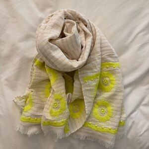 J. Crew Cream Scarf with Neon Yellow Floral Embroidery